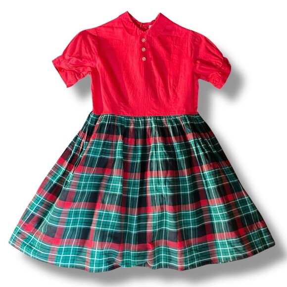 Vintage 1950s Little Star Girls Dress Sz 10 Red Green Plaid Peter Pan Collar - Picture 2 of 11